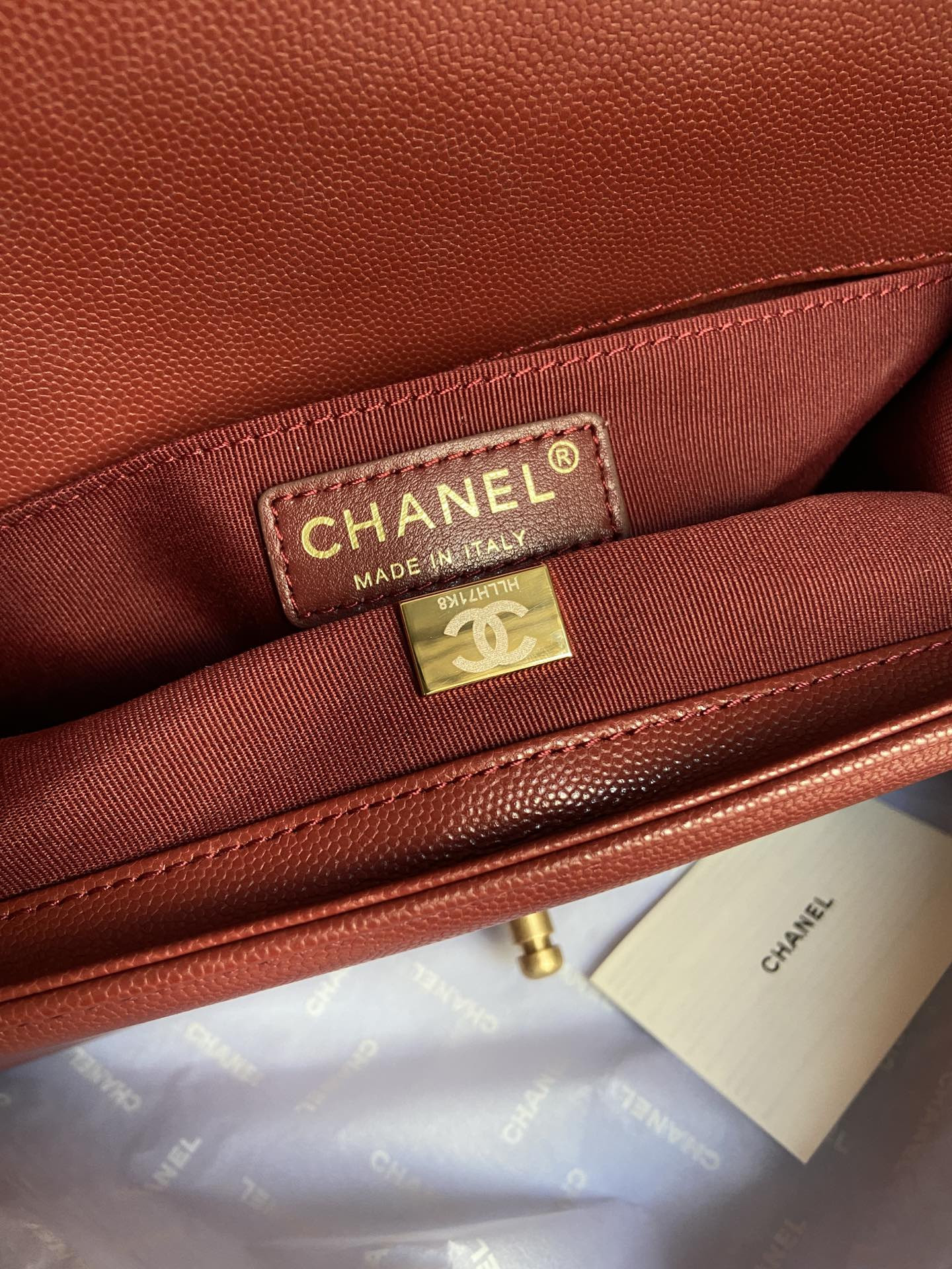 BOY Ch**el HANDBAG Shiny Grained Calfskin & Gold-Tone Metal red 5.9 × 9.8 × 3.5 in