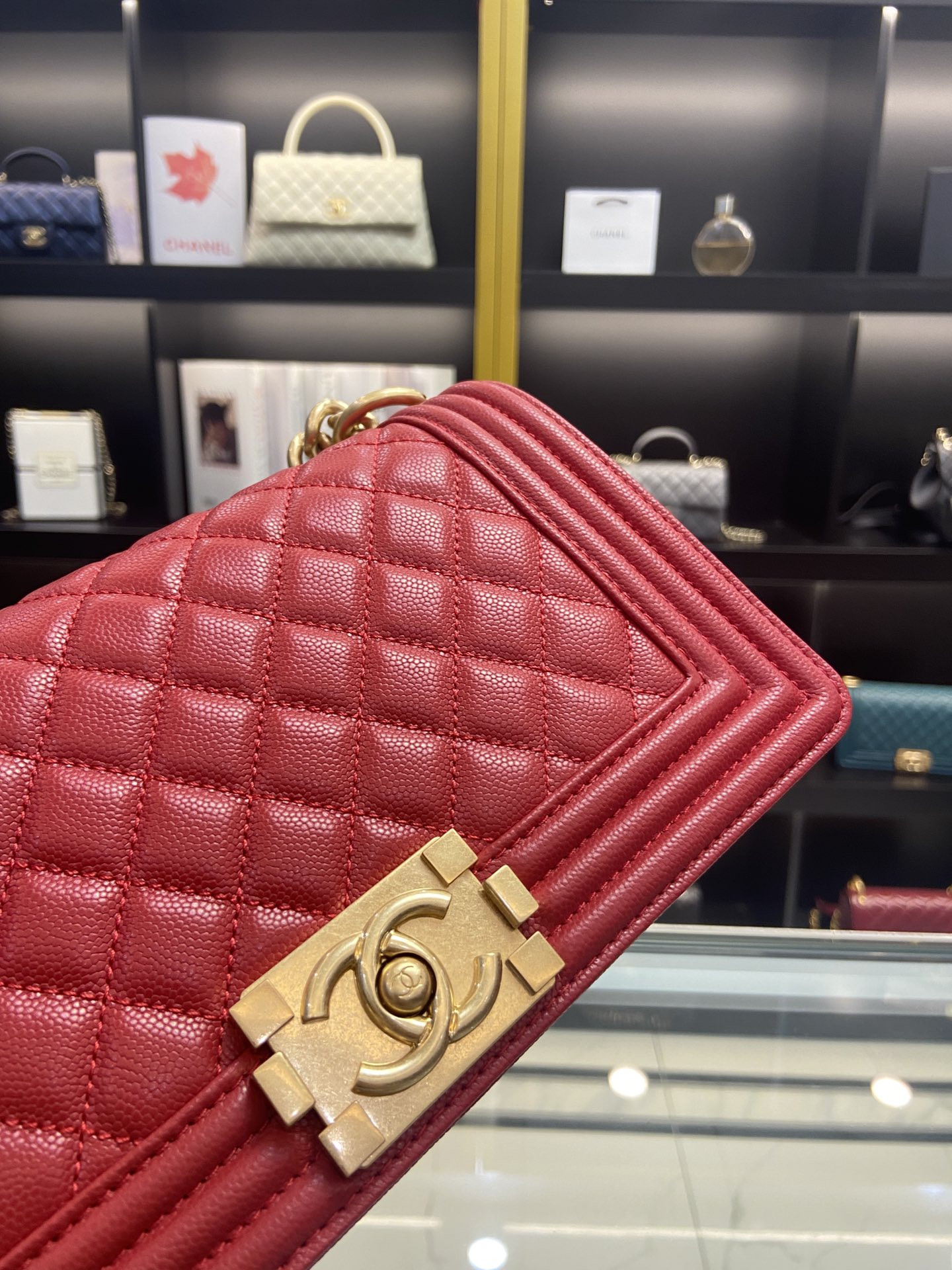 BOY Ch**el HANDBAG Shiny Red Grained Calfskin & Gold-Tone Metal 5.9 × 9.8 × 3.5 in