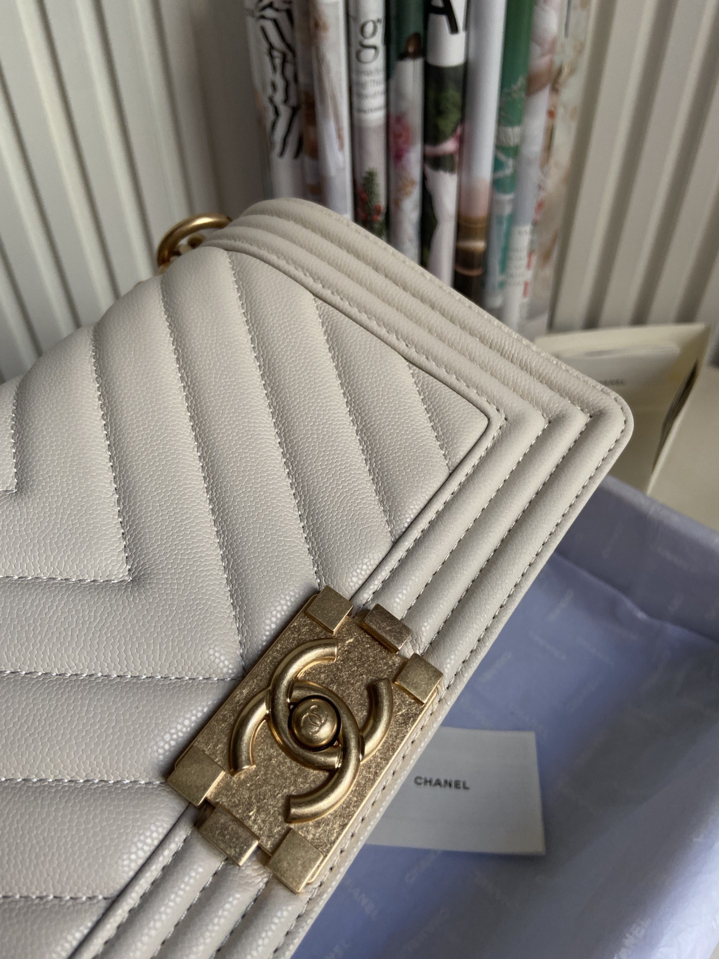 BOY Ch**el HANDBAG Shiny Grained Calfskin & Gold-Tone Metal Beige 5.9 × 9.8 × 3.5 in