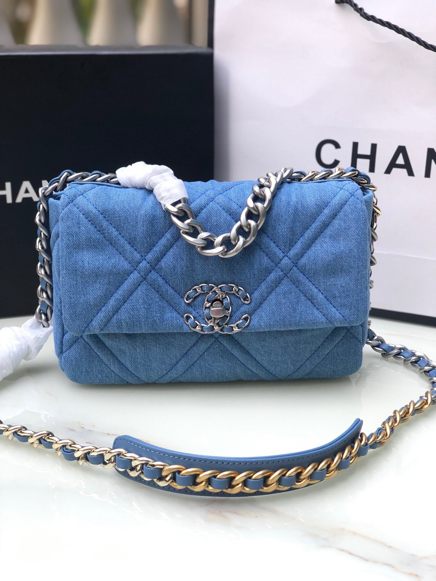 Ch**el 19 HANDBAG, Gold-Tone, Silver-Tone & Ruthenium-Finish Metal Blue 6.2 × 10.1 × 3.5 in