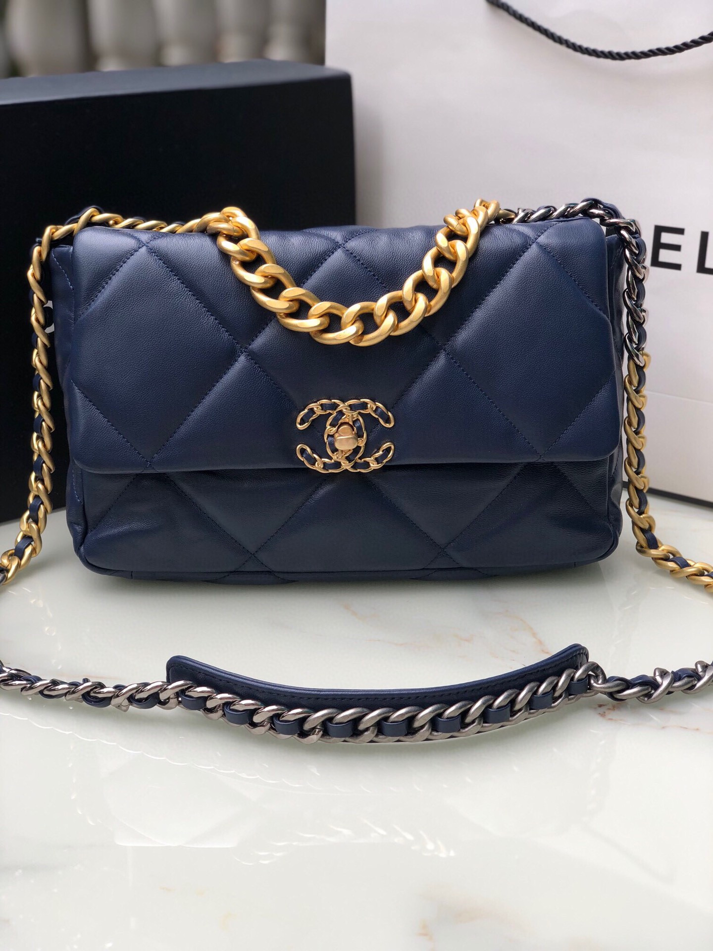 Ch**el 19 LARGE HANDBAG Shiny Leather, Gold-Tone, Silver-Tone & Ruthenium-Finish Metal Navy 7.8 × 11.7 × 3.9 in