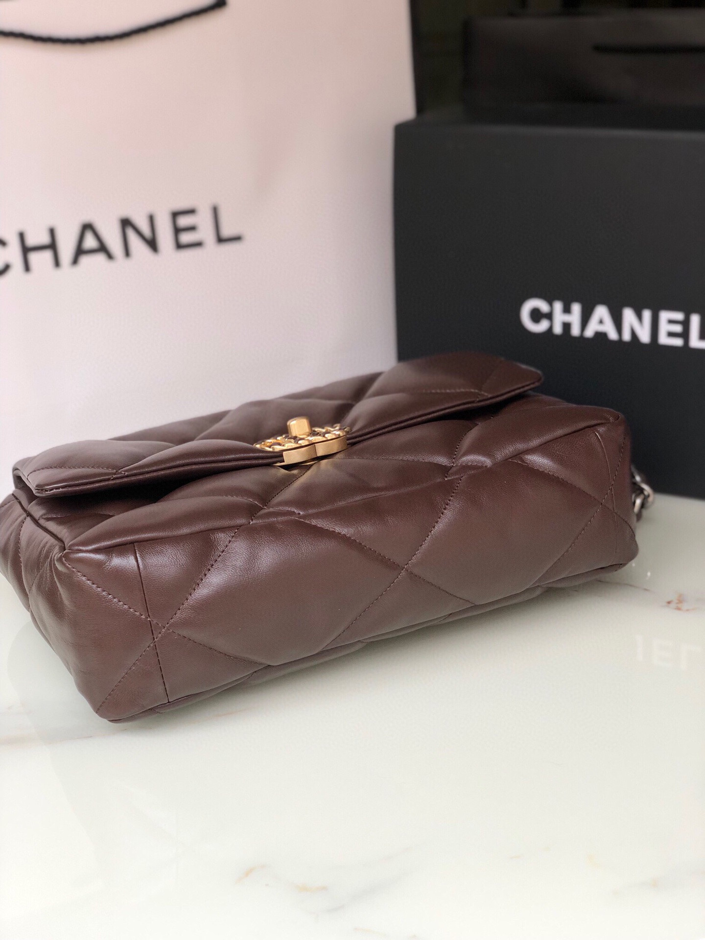 Ch**el 19 LARGE HANDBAG Shiny Leather, Gold-Tone, Silver-Tone & Ruthenium-Finish Metal Brown 7.8 × 11.7 × 3.9 in