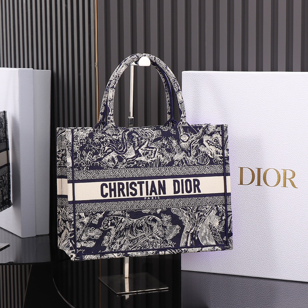 Medium D10r Book Tote  Blue and Ecru Toile de Jouy Reverse Embroidery 14 x 11 x 6.5 inches