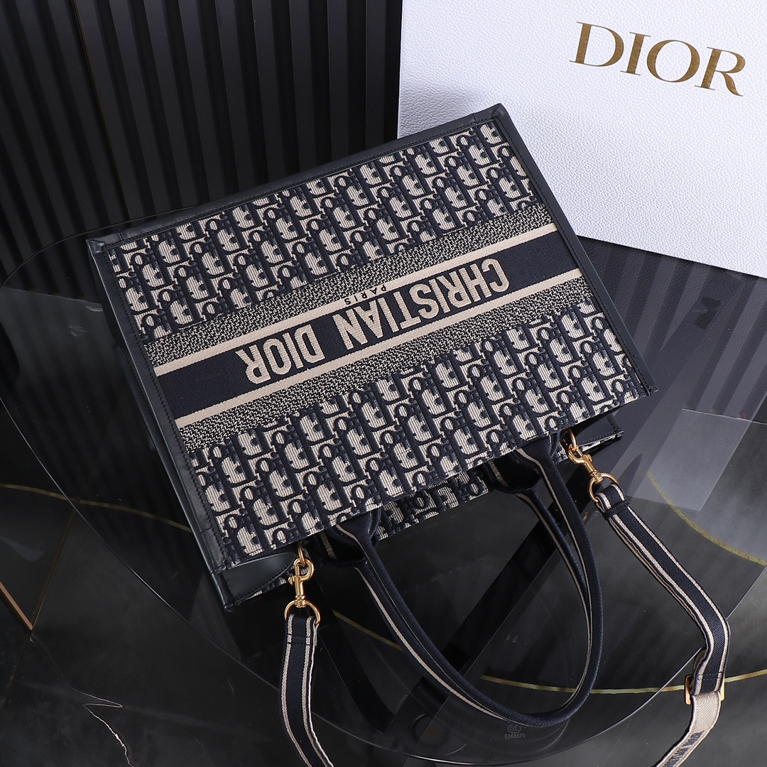Medium D10r Book Tote  Blue D10r Oblique Embroidery and Calfskin 14.5 x 11 x 7 inches