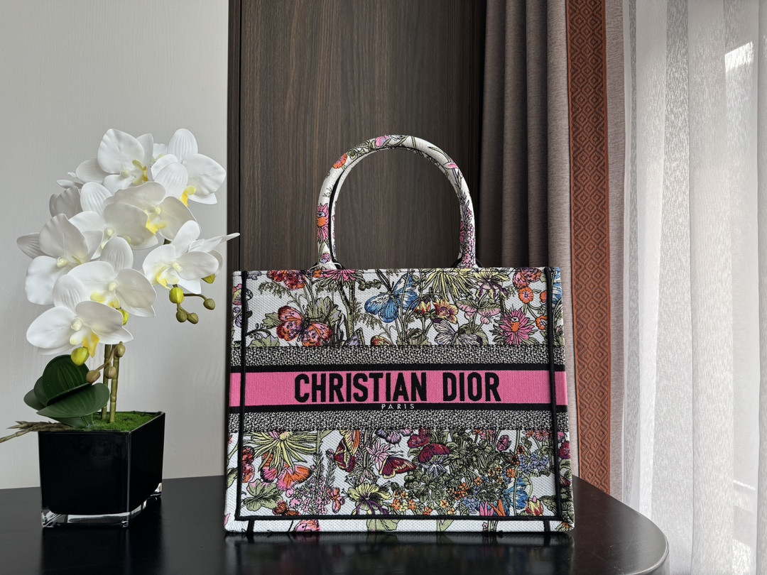 Medium D10r Book Tote  White Multicolor Mexico Millefiori Embroidery 14 x 11 x 6.5 inches