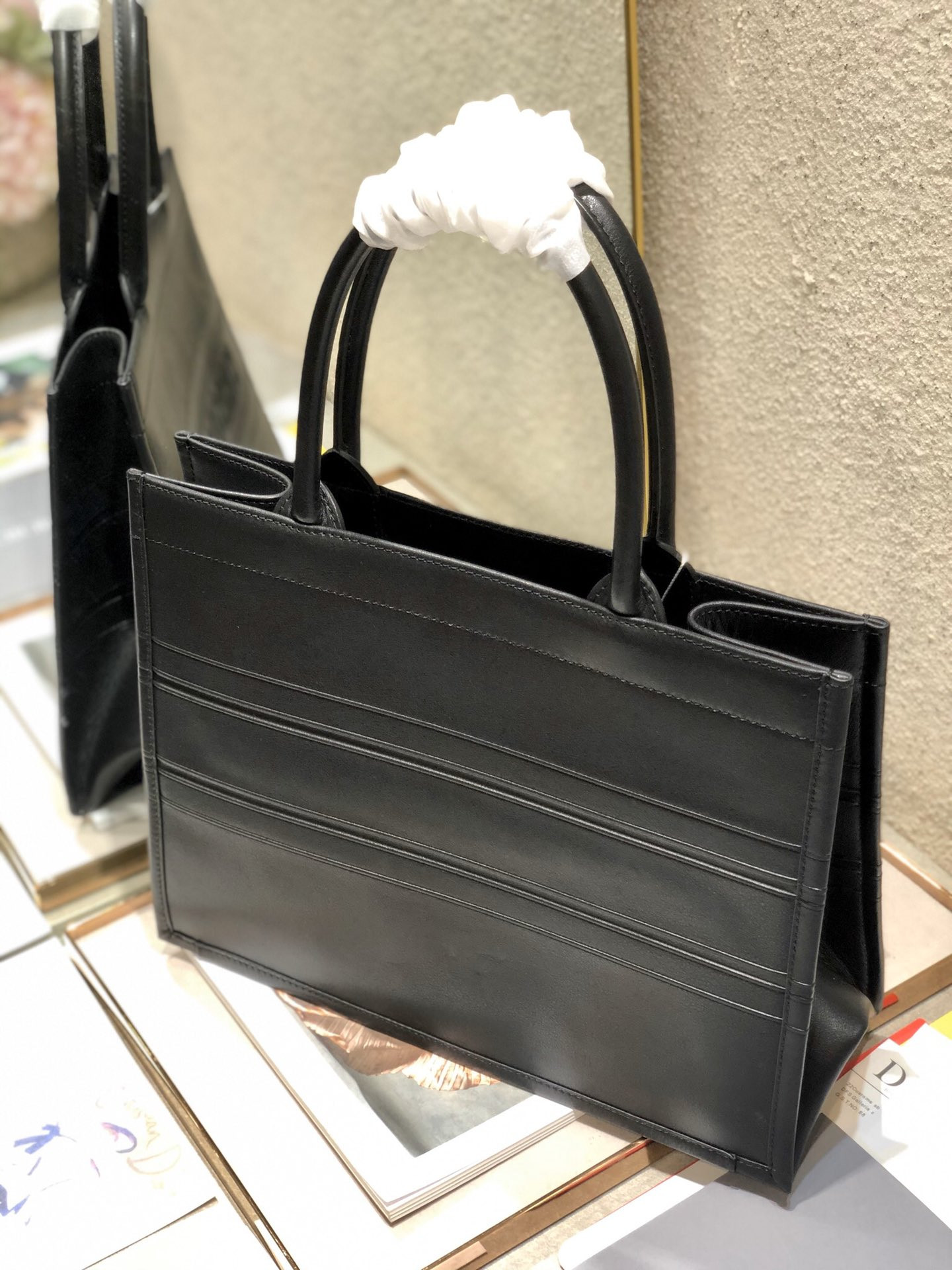 Calfskin Embossed Medium D10r Book Tote Black 14 x 11 x 6.5 inches