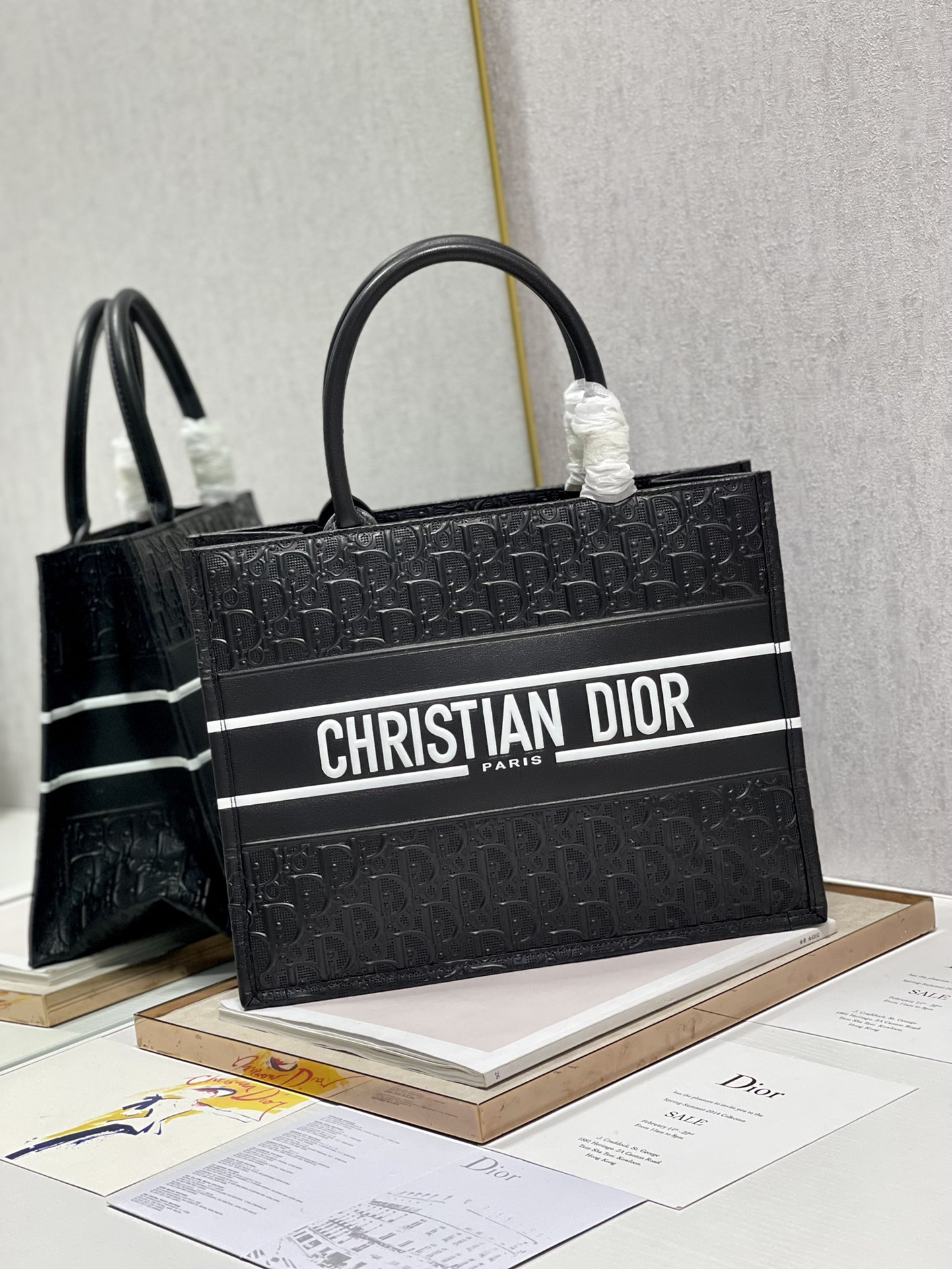 Calfskin Embossed Medium D10r Book Tote Black WHITE 14 x 11 x 6.5 inches