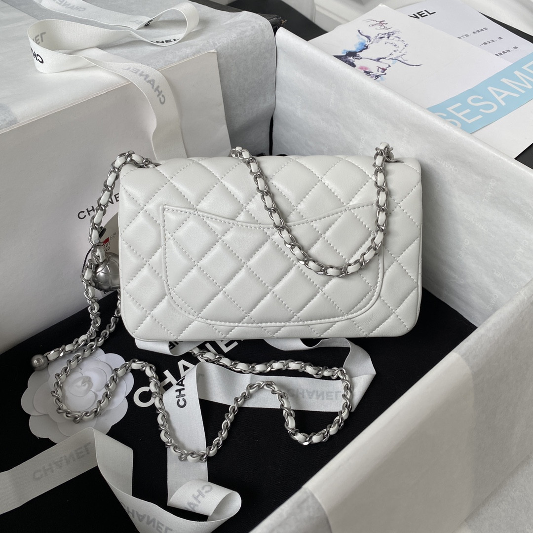 Ch**el MINI FLAP BAG SHINY CALFSKIN & SILVER-TONE METAL WHITE 4.7 × 7.8 × 2.3 in
