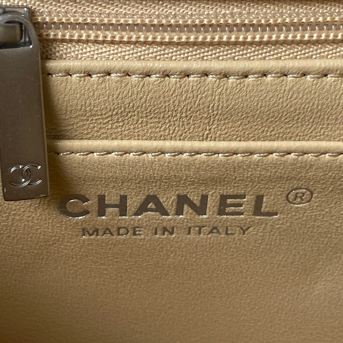 Ch**el MINI FLAP BAG SHINY CALFSKIN & SILVER-Tone METAL COFFEE 5.3 × 6.6 × 3.1 in