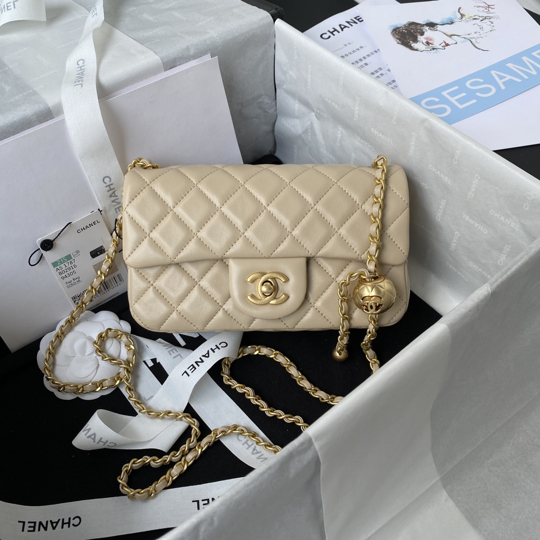 Ch**el MINI FLAP BAG SHINY CALFSKIN & gold-TONE METAL LIGHT beige 4.7 × 7.8 × 2.3 in
