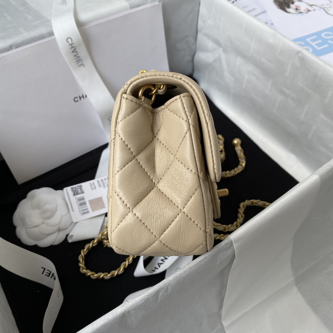 Ch**el MINI FLAP BAG SHINY CALFSKIN & gold-TONE METAL LIGHT beige 4.7 × 7.8 × 2.3 in