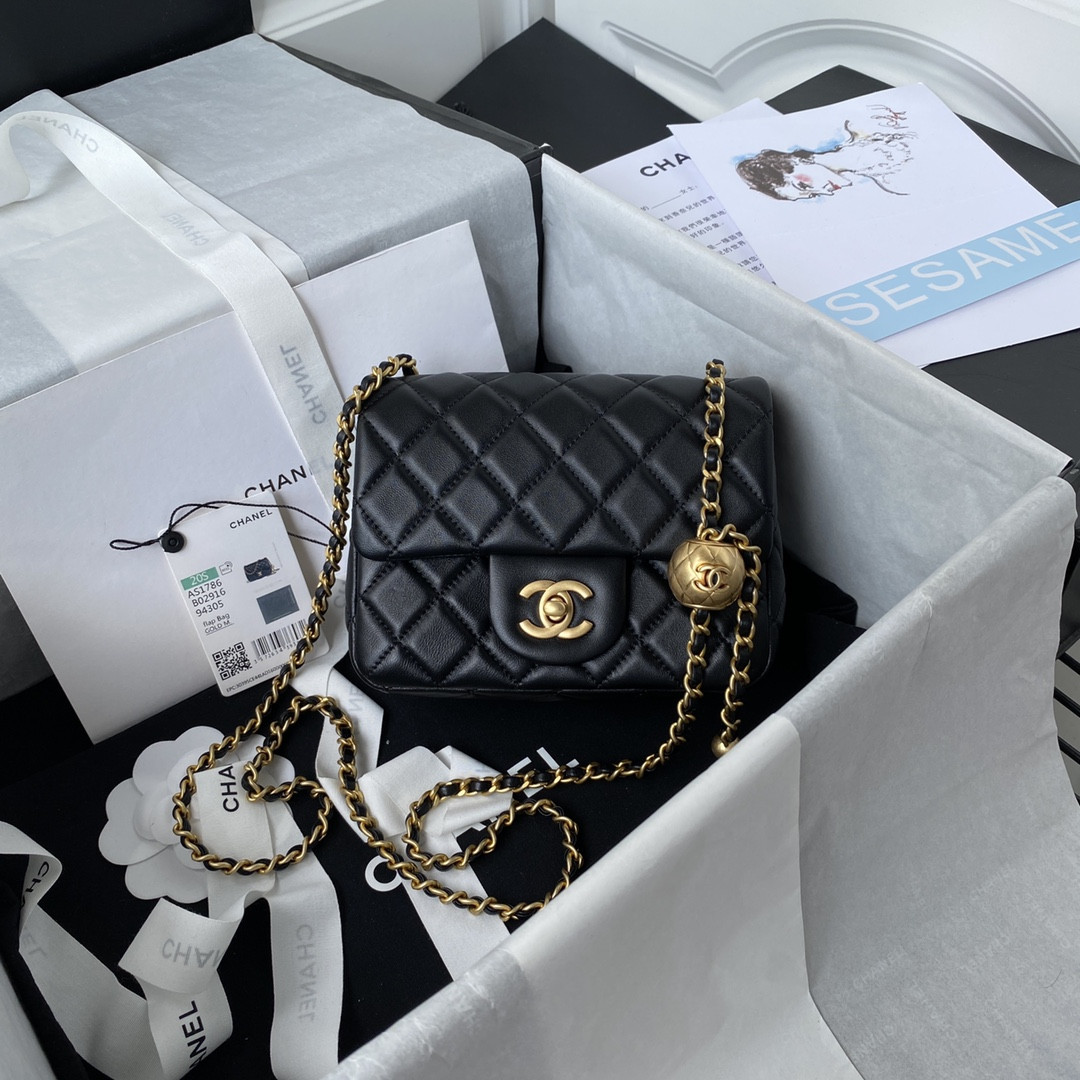 Ch**el MINI FLAP BAG SHINY CALFSKIN & Gold-Tone METAL BLack 5.3 × 6.6 × 3.1 in
