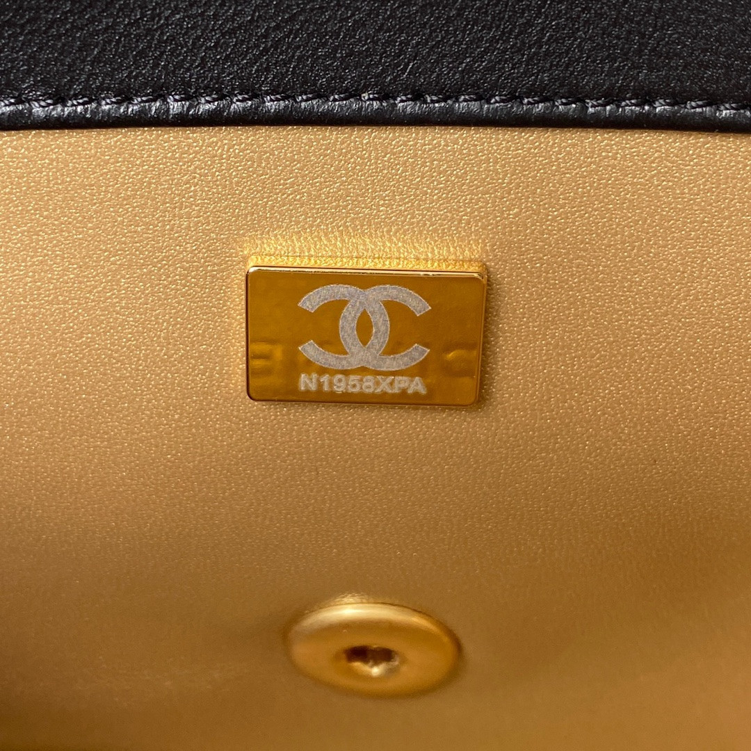 Ch**el MINI FLAP BAG SHINY CALFSKIN & Gold-Tone METAL BLack 5.3 × 6.6 × 3.1 in
