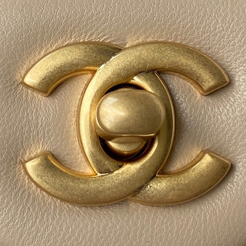 Ch**el MINI FLAP BAG SHINY CALFSKIN & Gold-Tone METAL Beige 5.3 × 6.6 × 3.1 in
