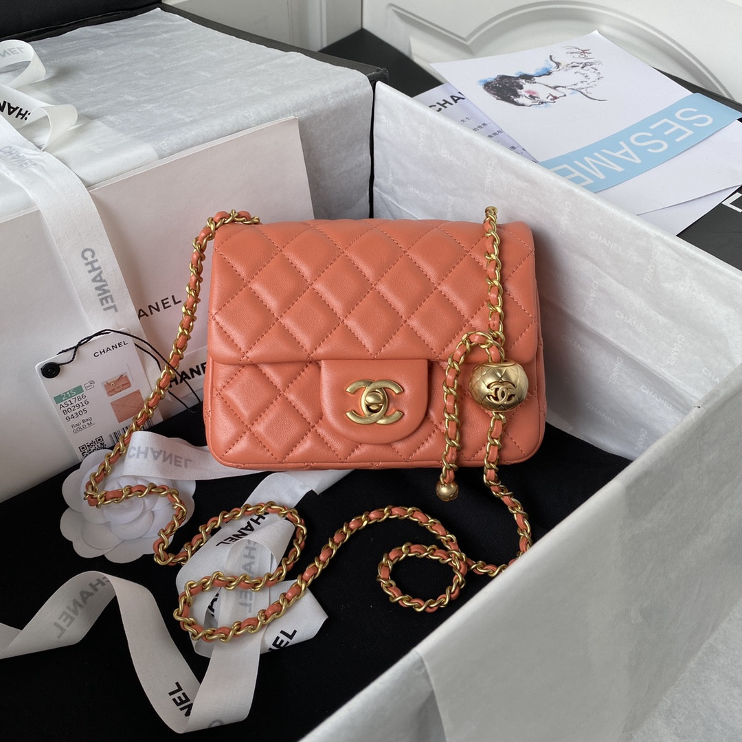 Ch**el MINI FLAP BAG SHINY CALFSKIN & Gold-Tone METAL ORANGE 5.3 × 6.6 × 3.1 in