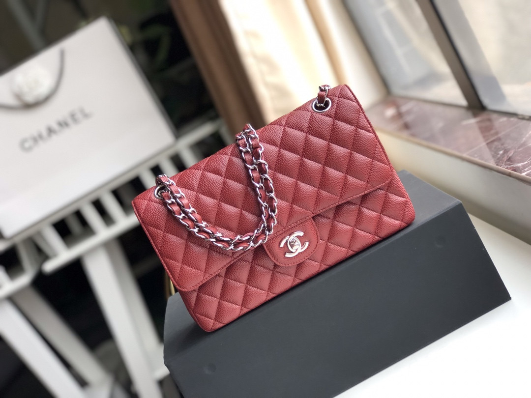 Ch**el CLASSIC HANDBAG GRAINED CALFSKIN & SILVER-TONE METAL red 6 × 9.9 × 2.5 in