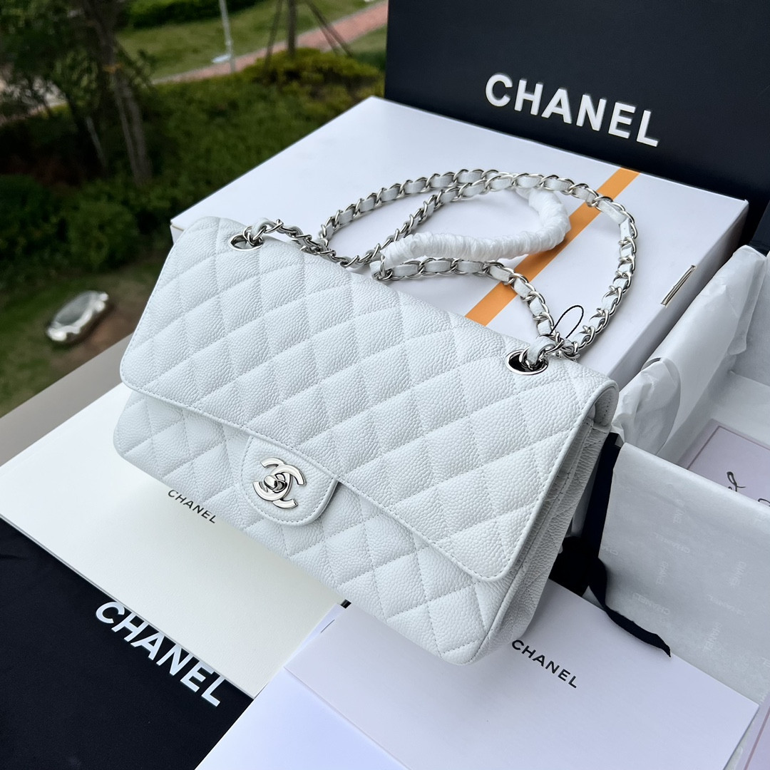 Ch**el CLASSIC HANDBAG GRAINED CALFSKIN & SILVER-TONE METAL WHITE 6 × 9.9 × 2.5 in