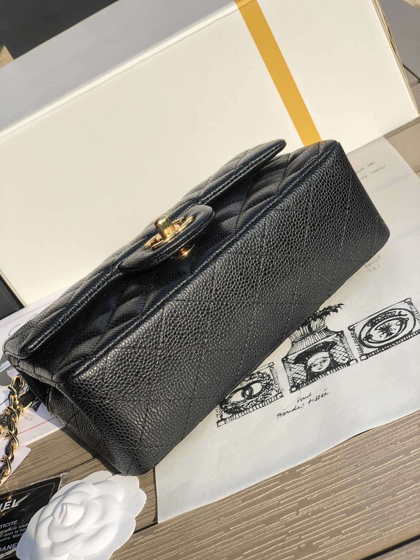 Ch**el MINI FLAP BAG BLACK WITH GOLD-TONE MENTAL 4.7 × 7.8 × 2.3 in