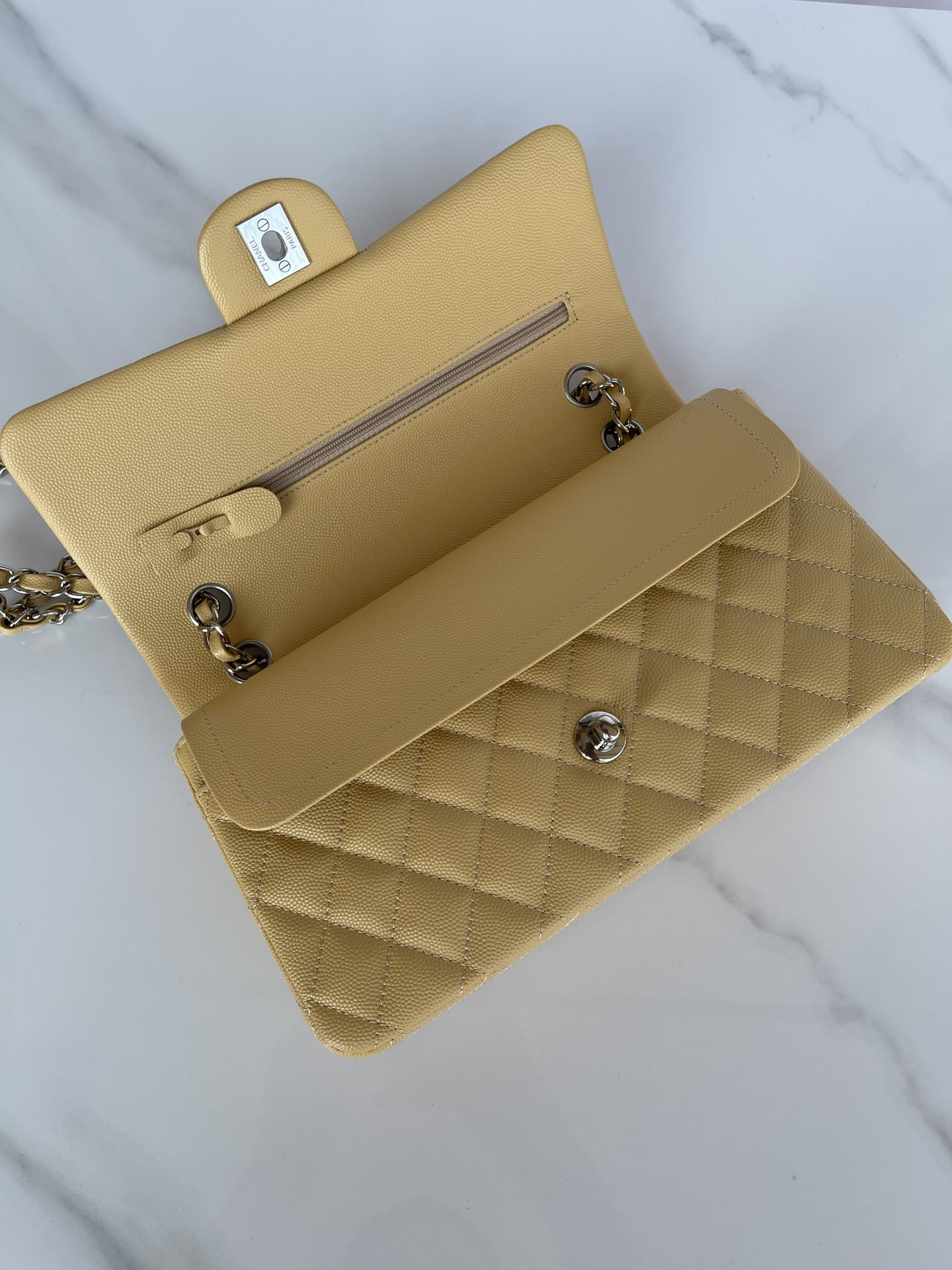 Ch**el CLASSIC HANDBAG GRAINED CALFSKIN & SILVER-TONE METAL YELLOW 6 × 9.9 × 2.5 in