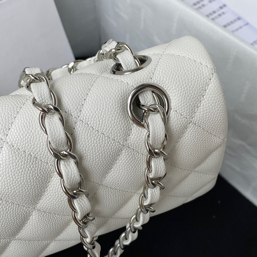 Ch**el SMALL CLASSIC HANDBAG Grained Calfskin & Silver-Tone Metal White 5.7 × 9 × 2.3 in