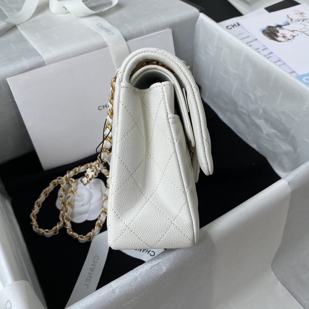 Ch**el SMALL CLASSIC HANDBAG Grained Calfskin & Gold-Tone Metal White 5.7 × 9 × 2.3 in