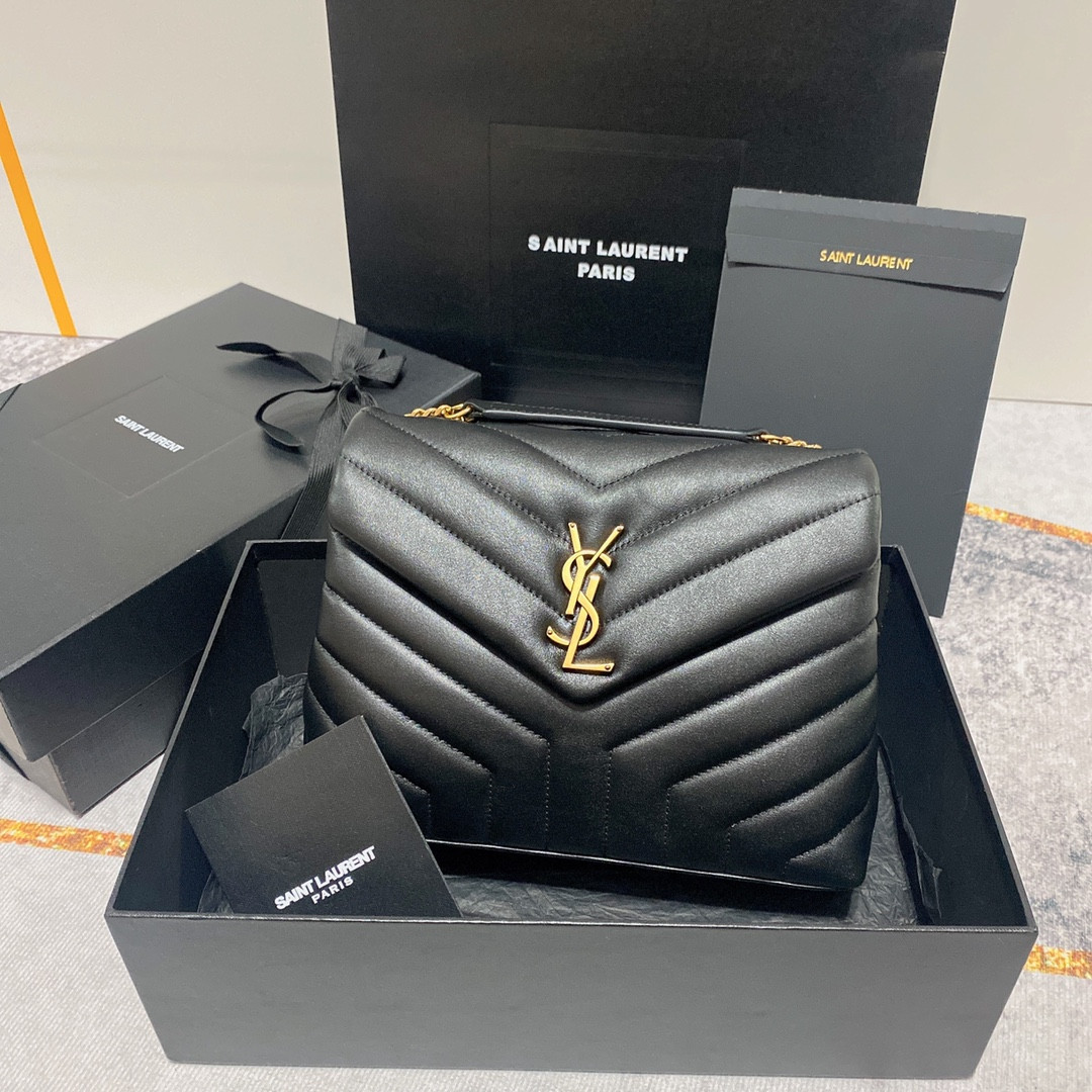 Y51 LOULOU SMALL IN QUILTED LEATHER BLACK GOLD 9 X 6.1 X 3.3 INCHES