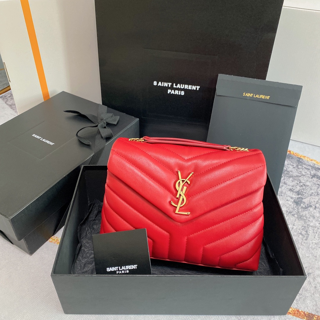 Y51 LOULOU SMALL IN QUILTED LEATHER SHINY RED GOLD 9 X 6.1 X 3.3 INCHES