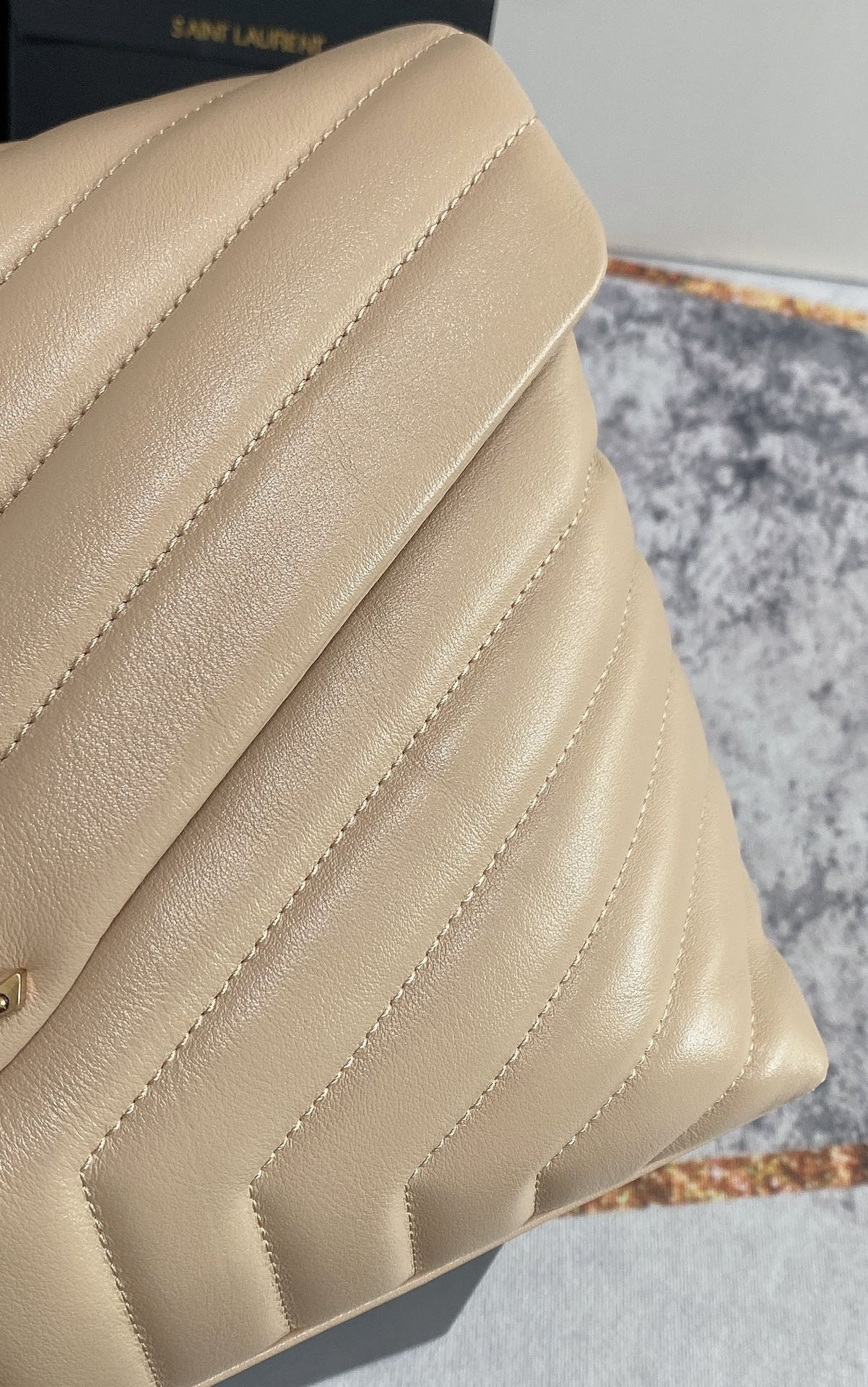 Y51 LOULOU MEDIUM IN QUILTED LEATHER DARK BEIGE 12.5 X 8.6 X 3.5 INCHES