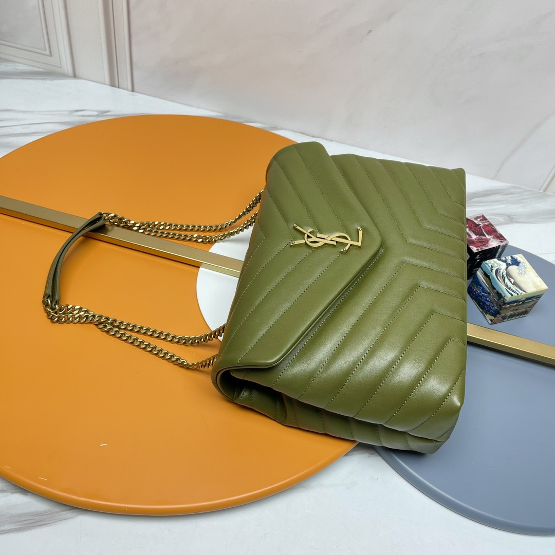 Y51 LOULOU MEDIUM IN QUILTED LEATHER DARK GREEN 12.5 X 8.6 X 3.5 INCHES