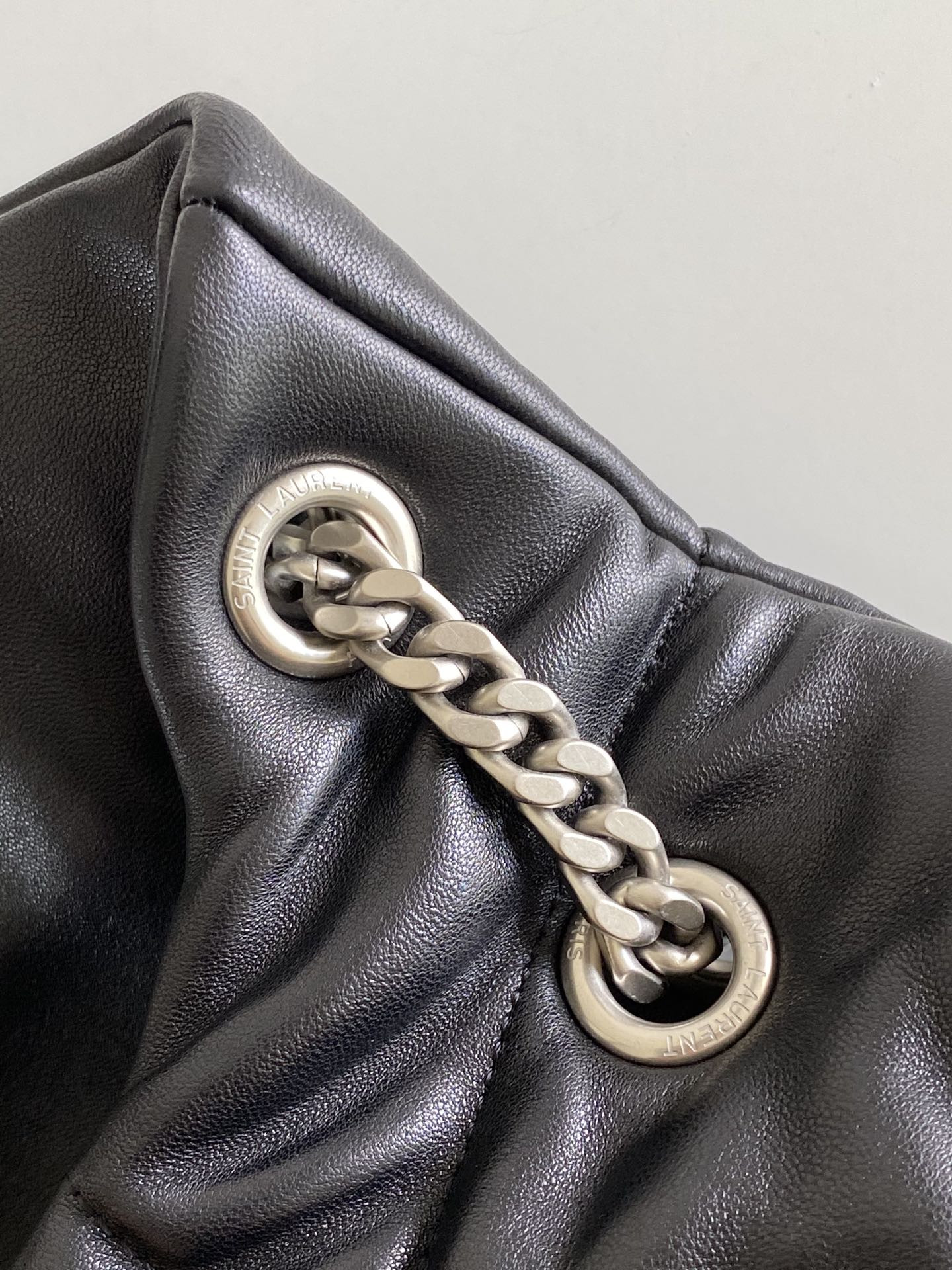 Y51 LOULOU PUFFER MEDIUM IN NAPPA LEATHER BLACK SILVER 13.7 X 9 X 5.3 INCHES