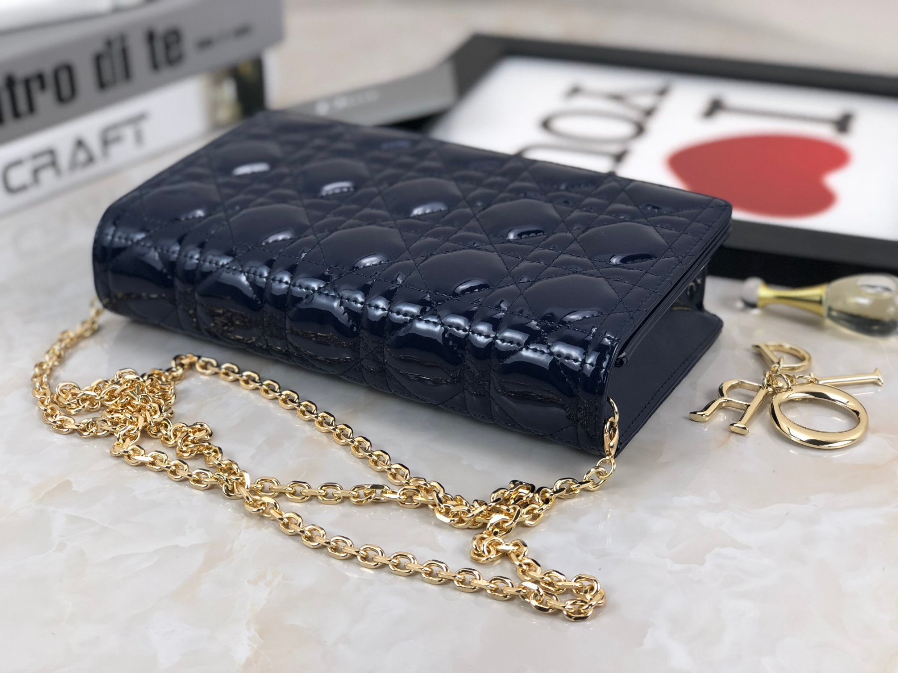 Lady D10r Pouch  Navy Patent Cannage Calfskin 8.5 x 4.5 x 1 inches