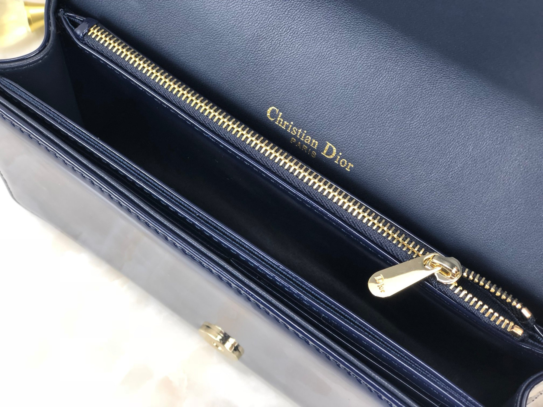 Lady D10r Pouch  Navy Patent Cannage Calfskin 8.5 x 4.5 x 1 inches