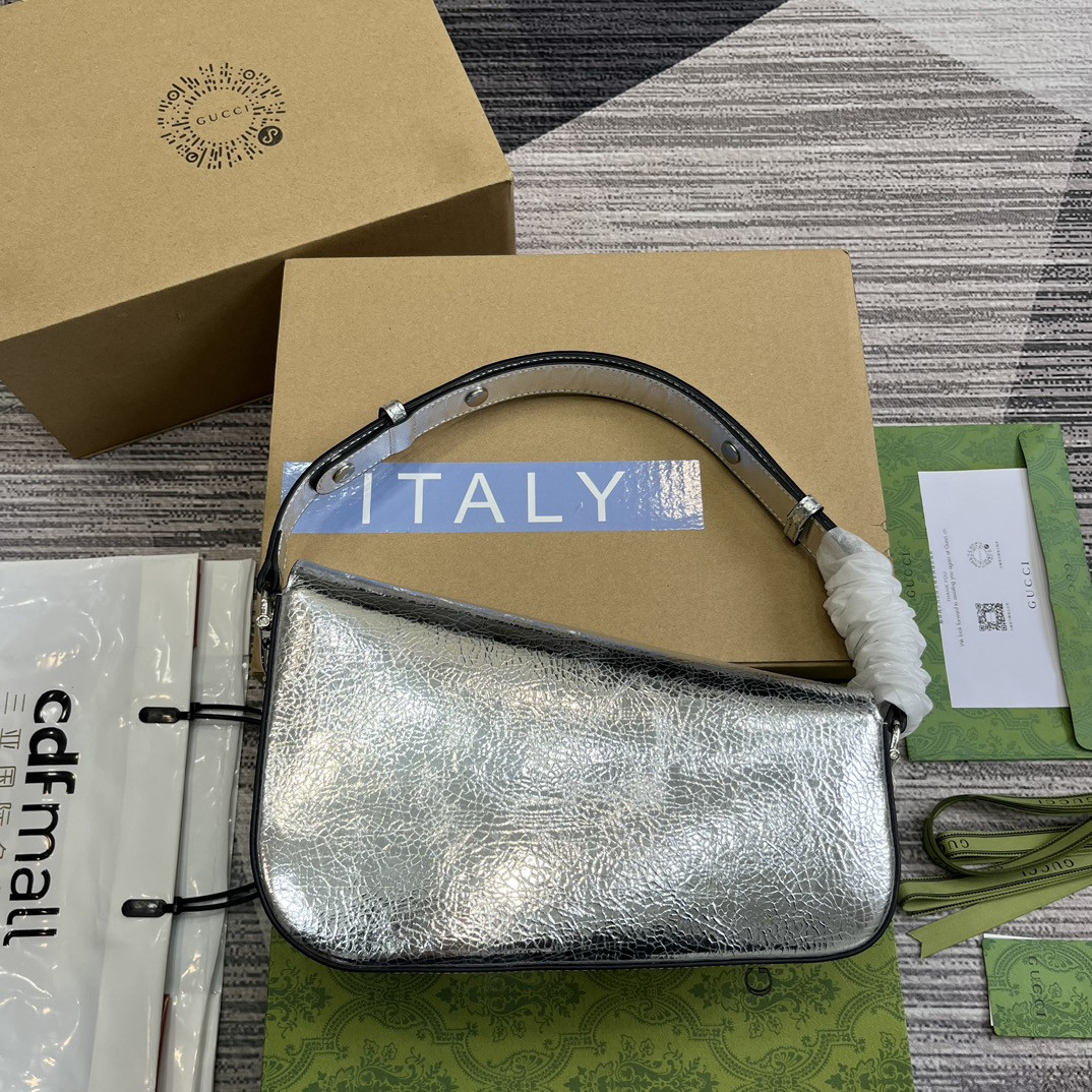 Gvc*1 HORSEBIT 1955 SMALL SHOULDER BAG Metallic silver 10.4"W x 6.7-4.1"H x 3.1-1.6"D