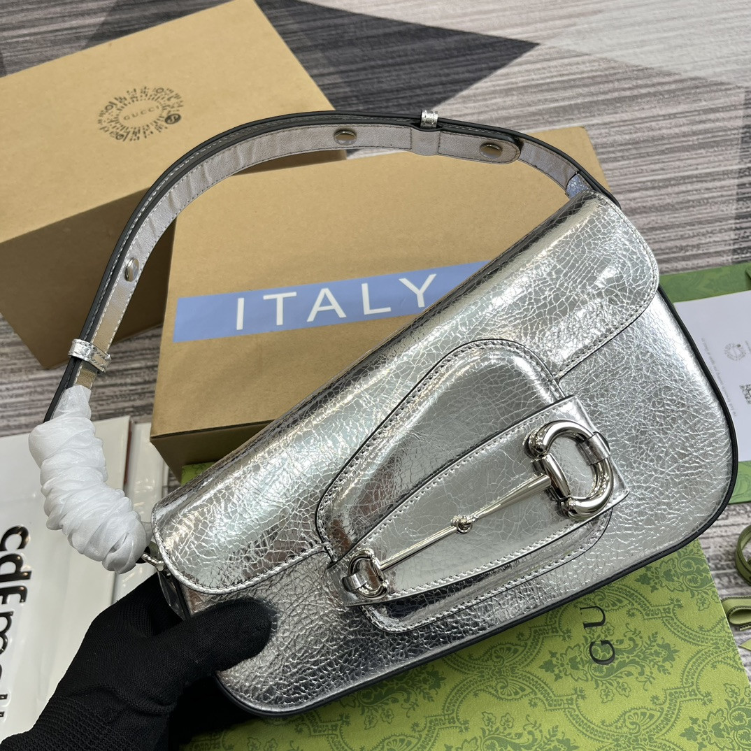 Gvc*1 HORSEBIT 1955 SMALL SHOULDER BAG Metallic silver 10.4"W x 6.7-4.1"H x 3.1-1.6"D
