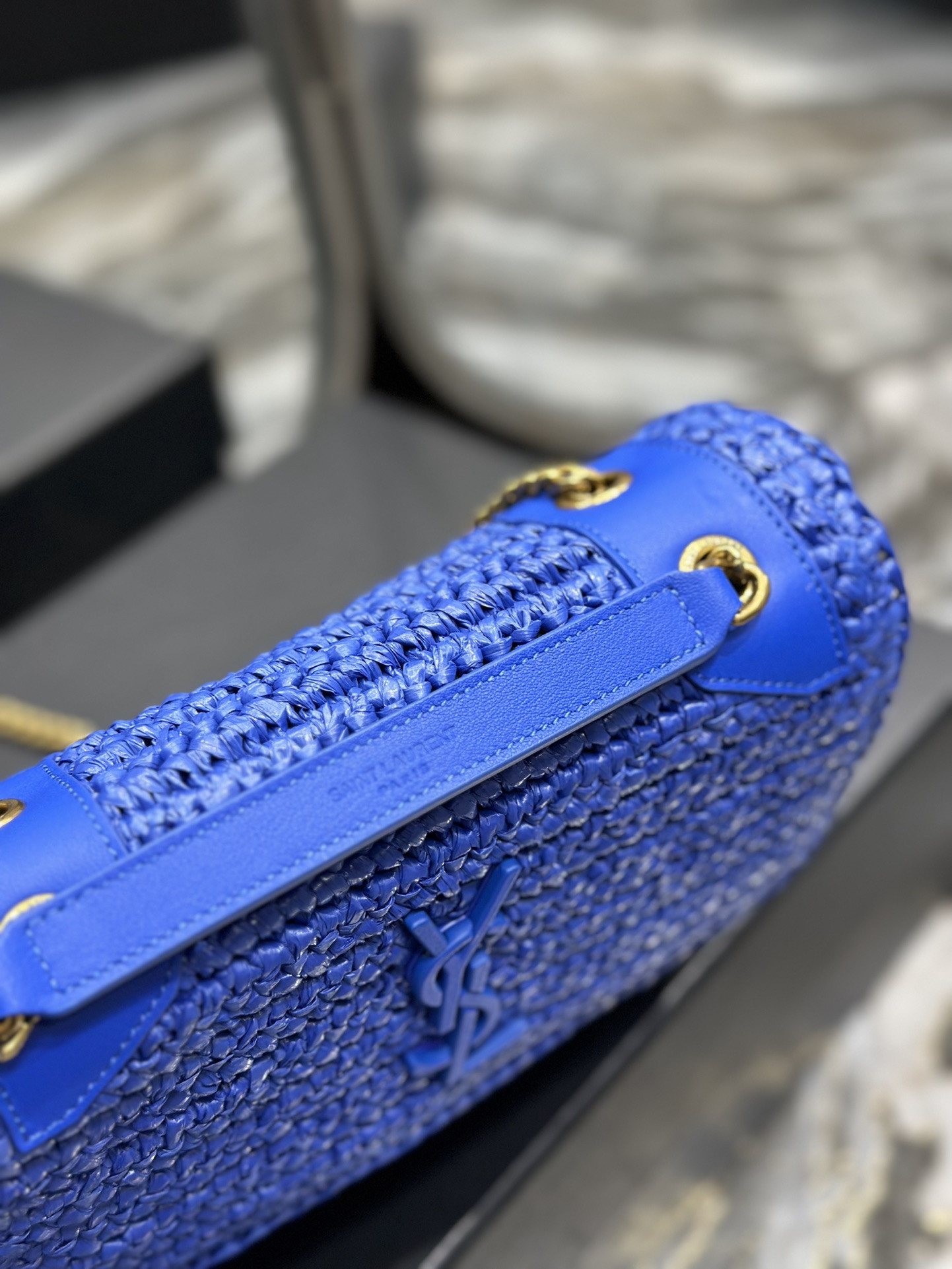 Y51 NIKI CHAIN BAG IN RAFFIA AND LEATHER BLUE 22×16.5×12 CM