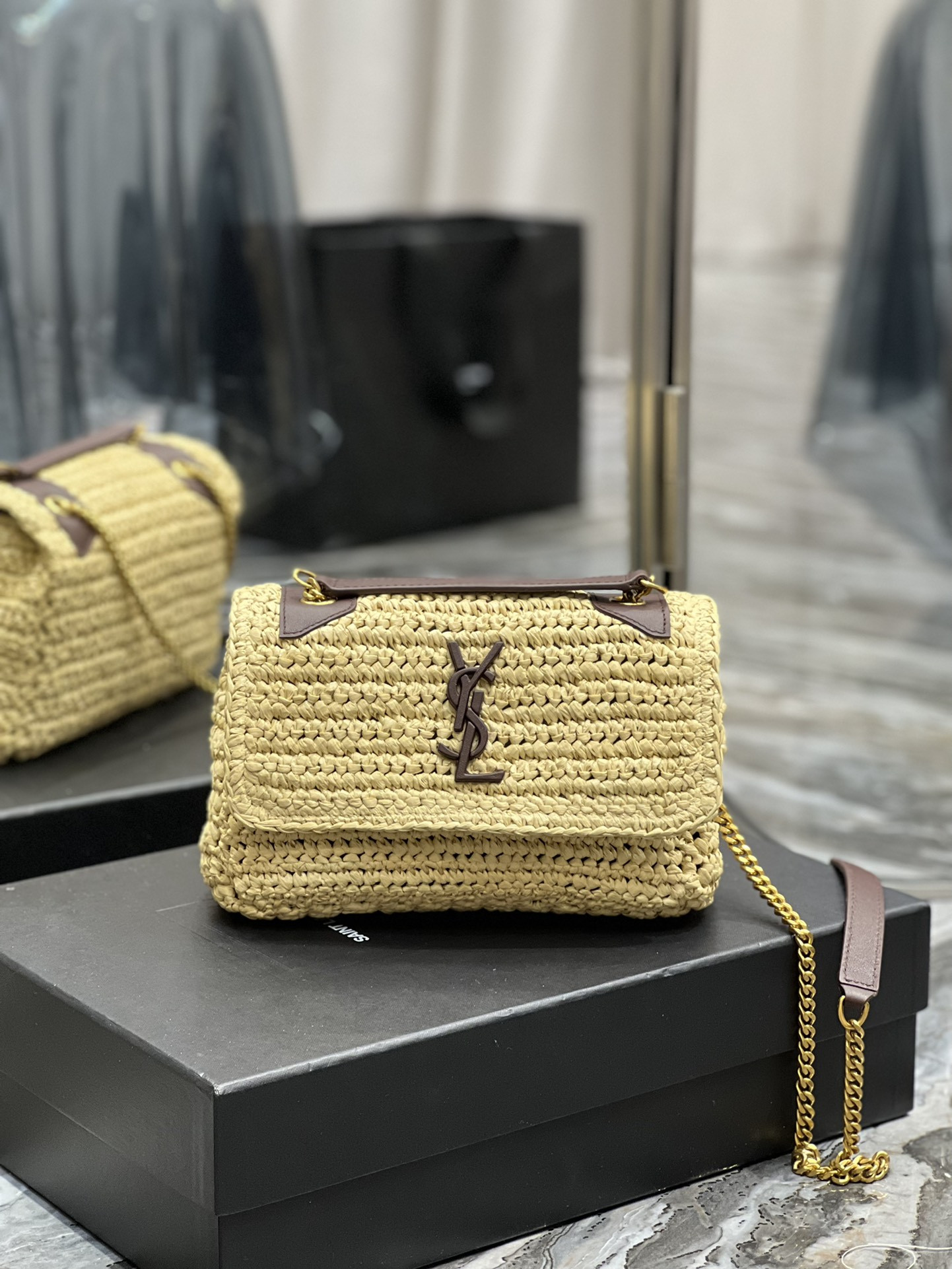 Y51 NIKI CHAIN BAG IN RAFFIA AND LEATHER BEIGE 22×16.5×12 CM