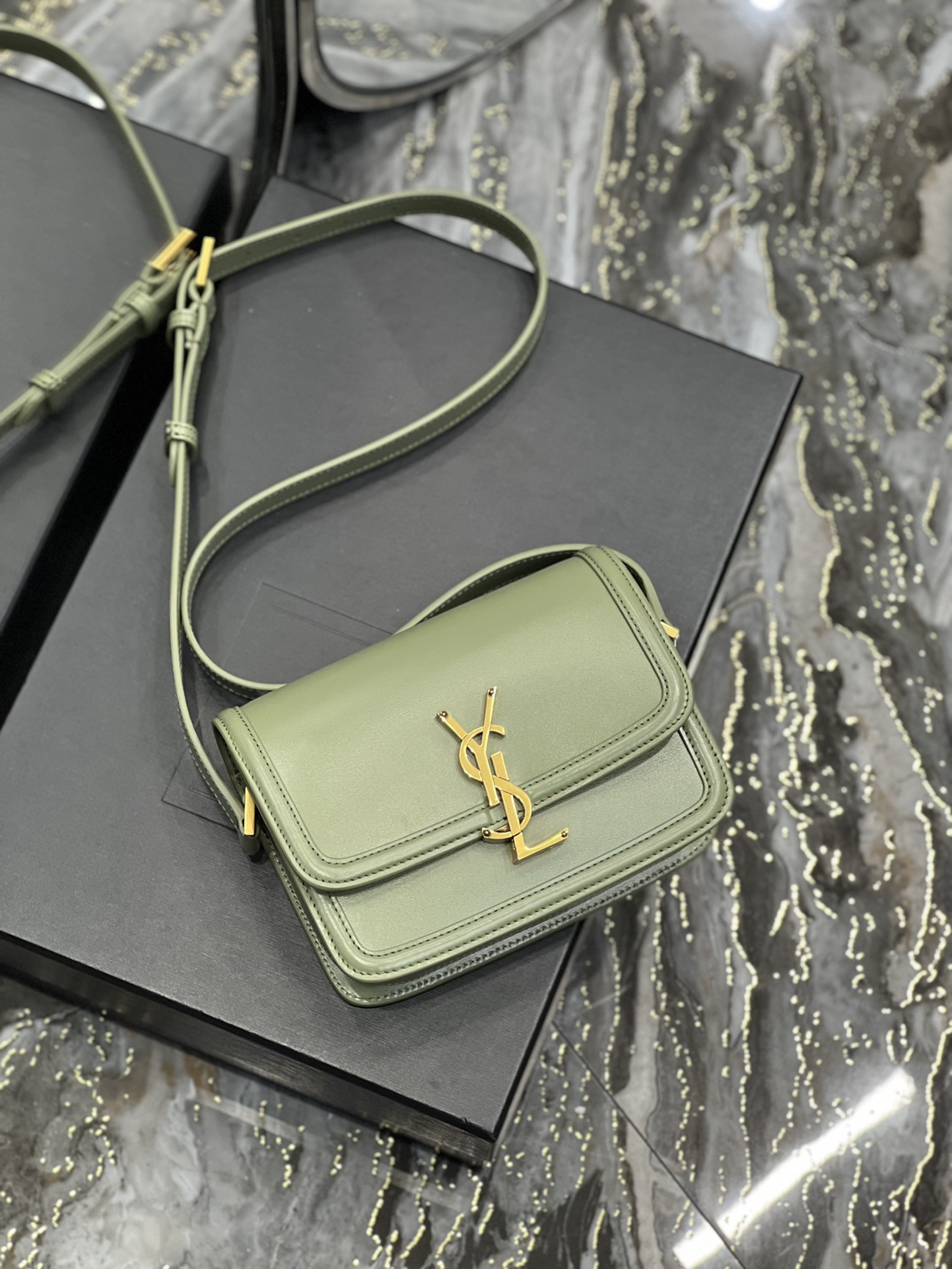 Y51 SOLFERINO SMALL SATCHEL IN BOX SAINT LIGHT GREEN 7.4 X 5.1 X 1.9 INCHES