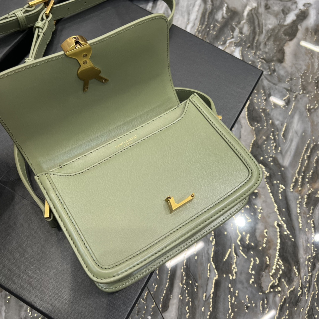 Y51 SOLFERINO SMALL SATCHEL IN BOX SAINT LIGHT GREEN 7.4 X 5.1 X 1.9 INCHES