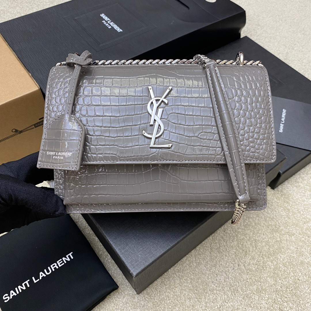 Y51 SUNSET MEDIUM IN CROCODILE-EMBOSSED LEATHER GRAY 8 X 6.2 X 2.5 INCHES