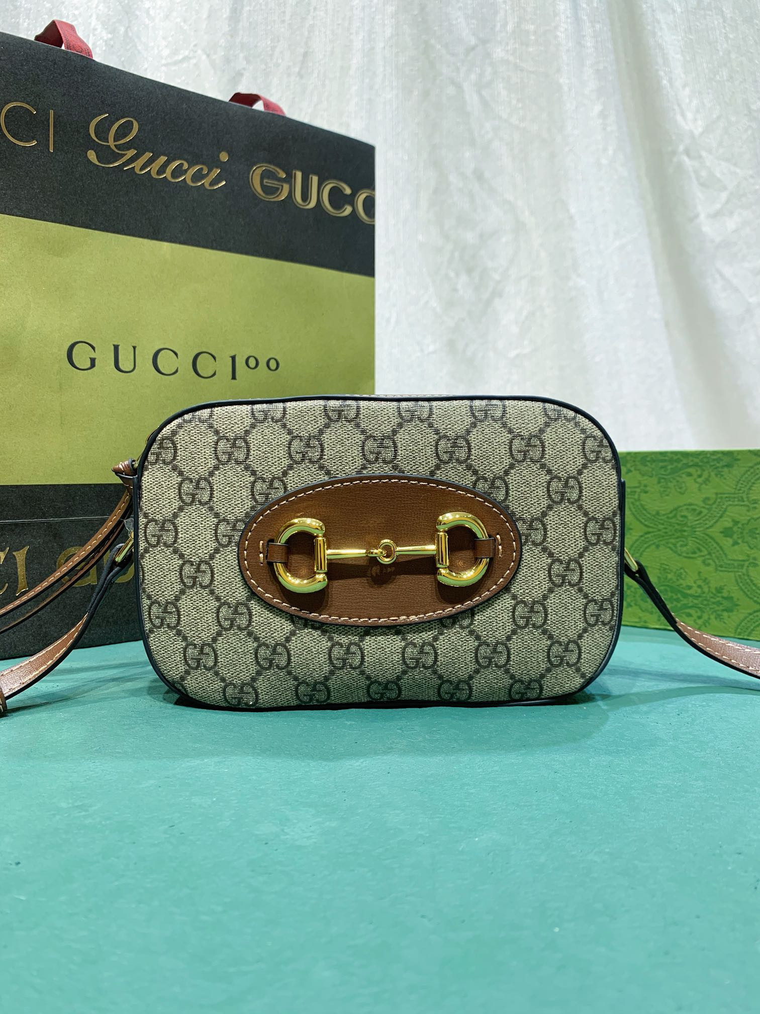 Gvc*1 HORSEBIT 1955 SMALL SHOULDER BAG Beige and ebony 7.9"W x 5.1"H x 2.4"D