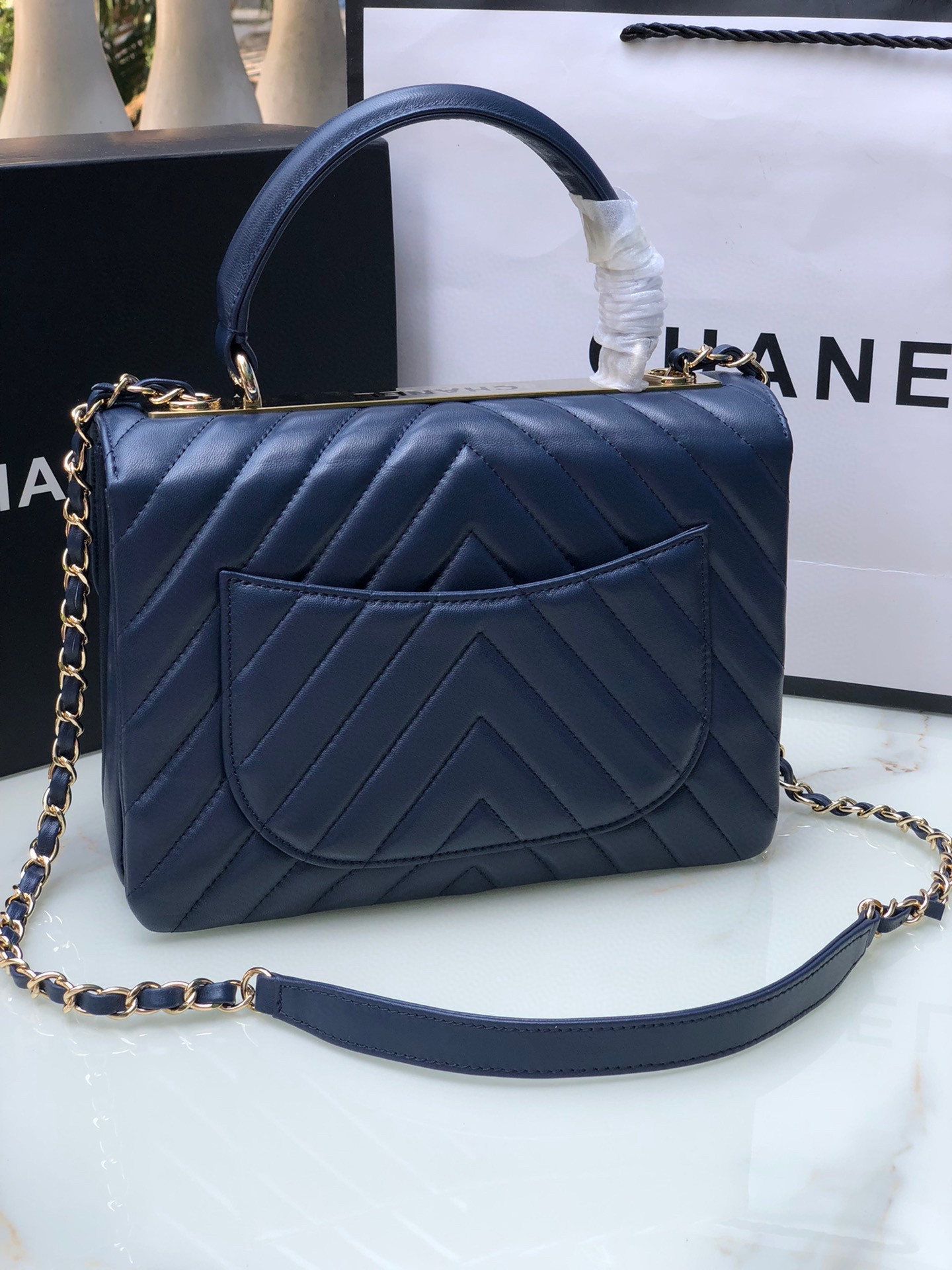 Ch**el FLAP BAG WITH TOP HANDLE NAVY 6.6 × 9.8 × 4.7 in