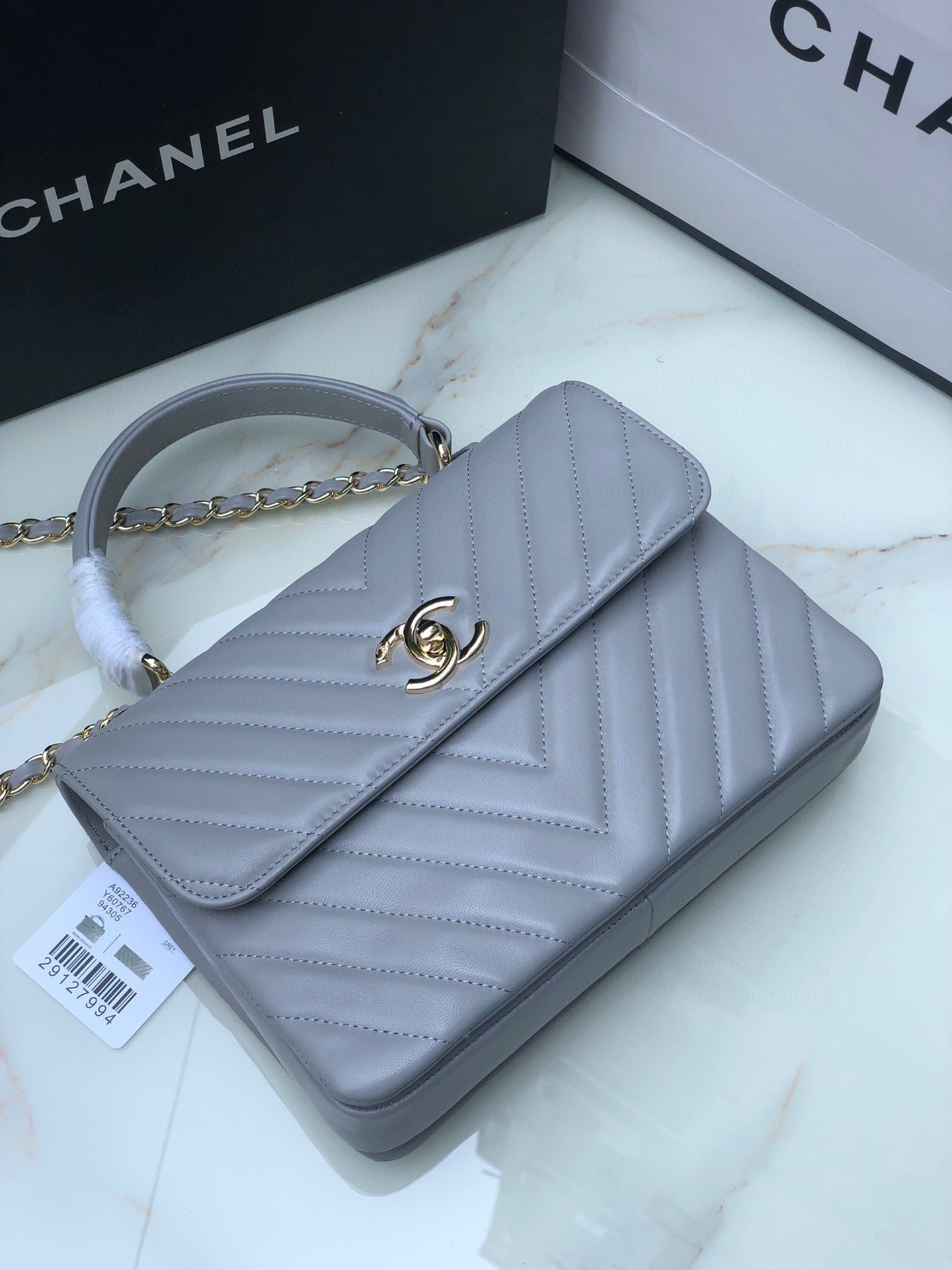 Ch**el FLAP BAG WITH TOP HANDLE GRAY 6.6 × 9.8 × 4.7 in