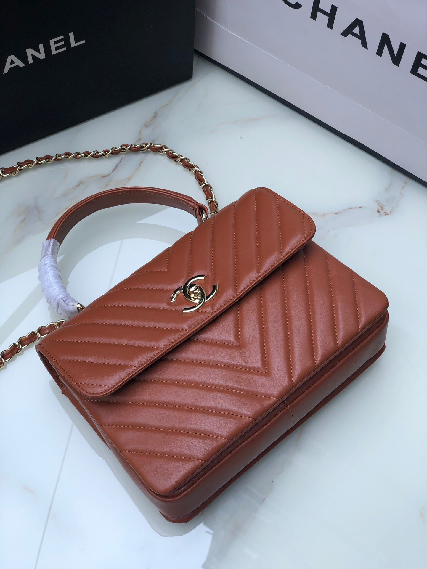 Ch**el FLAP BAG WITH TOP HANDLE ORANGE 6.6 × 9.8 × 4.7 in