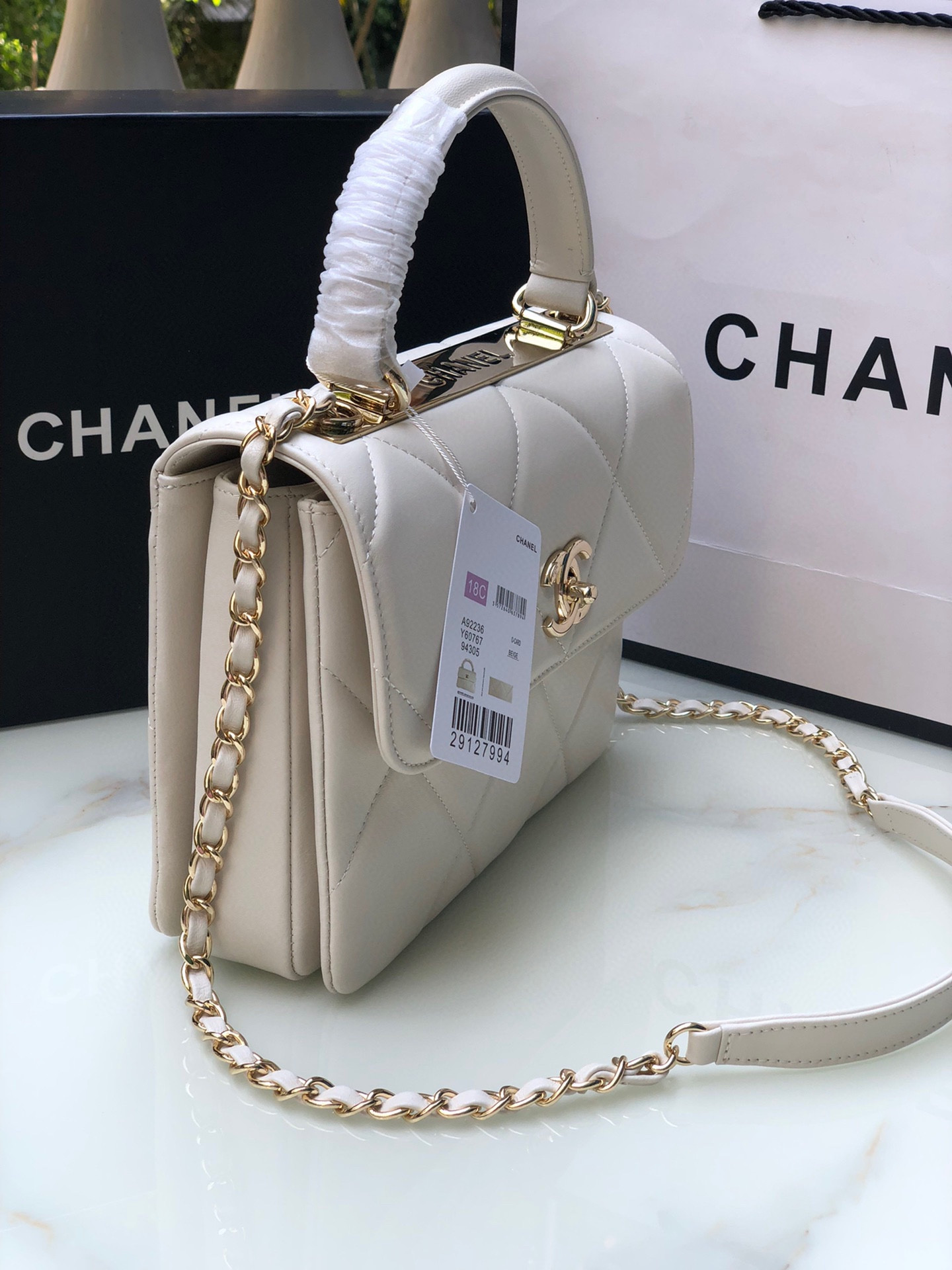 Ch**el FLAP BAG WITH TOP HANDLE 6.6 × 9.8 × 4.7 in