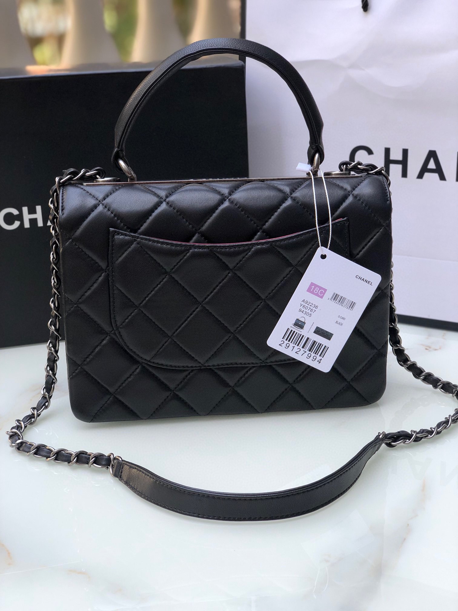 Ch**el FLAP BAG WITH TOP HANDLE 6.6 × 9.8 × 4.7 in