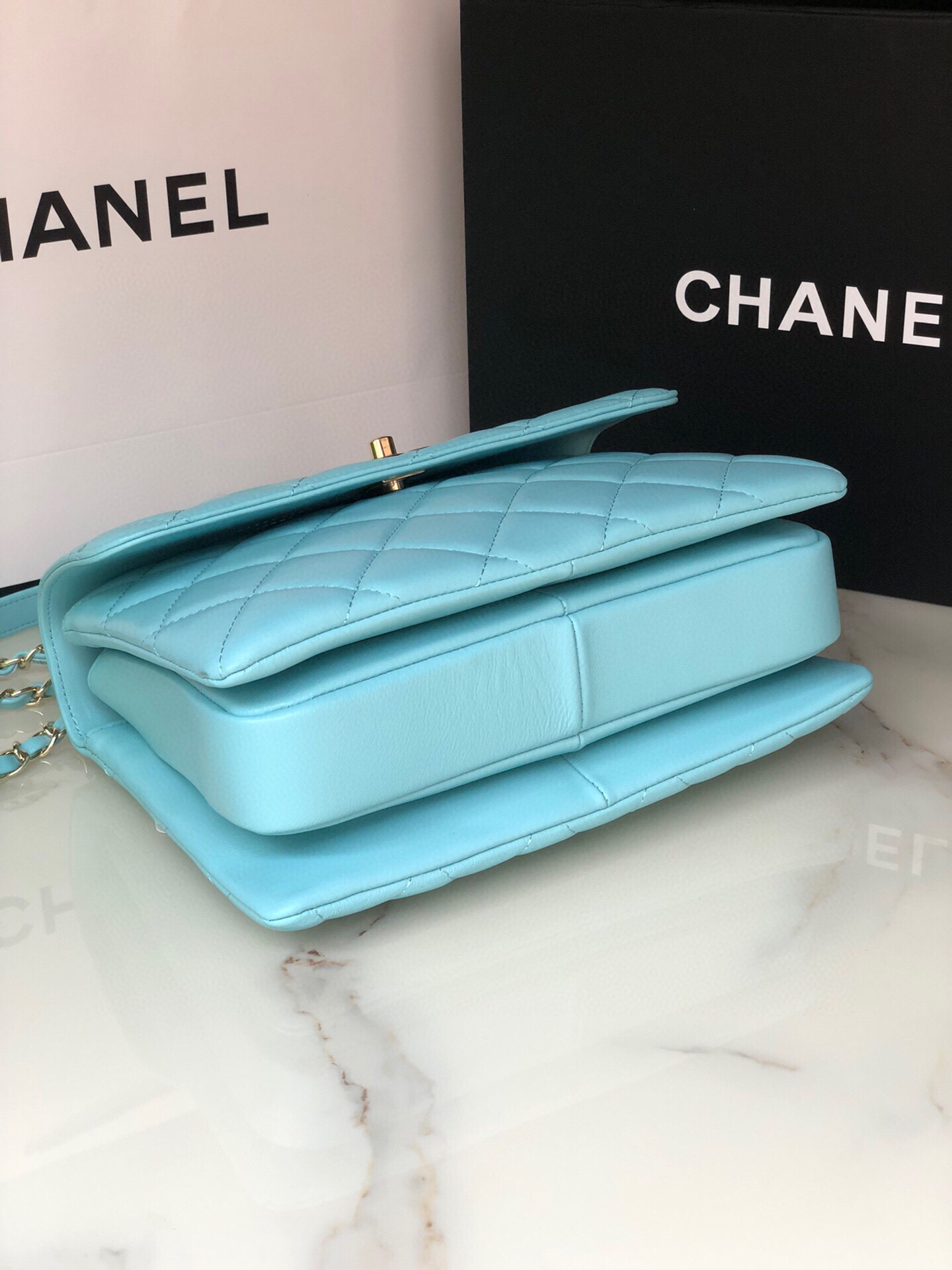 Ch**el FLAP BAG WITH TOP HANDLE 6.6 × 9.8 × 4.7 in