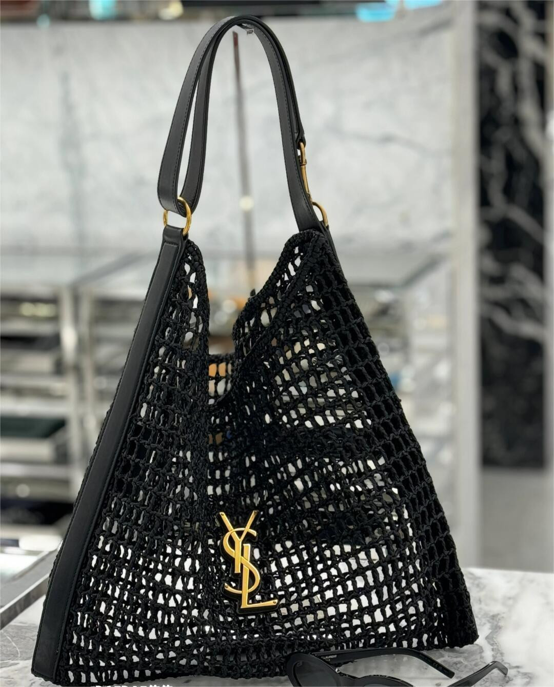 Y51 OXALIS BAG IN RAFFIA MACRAMÉ BLACK 14.6X 5.7X1.2INCHES