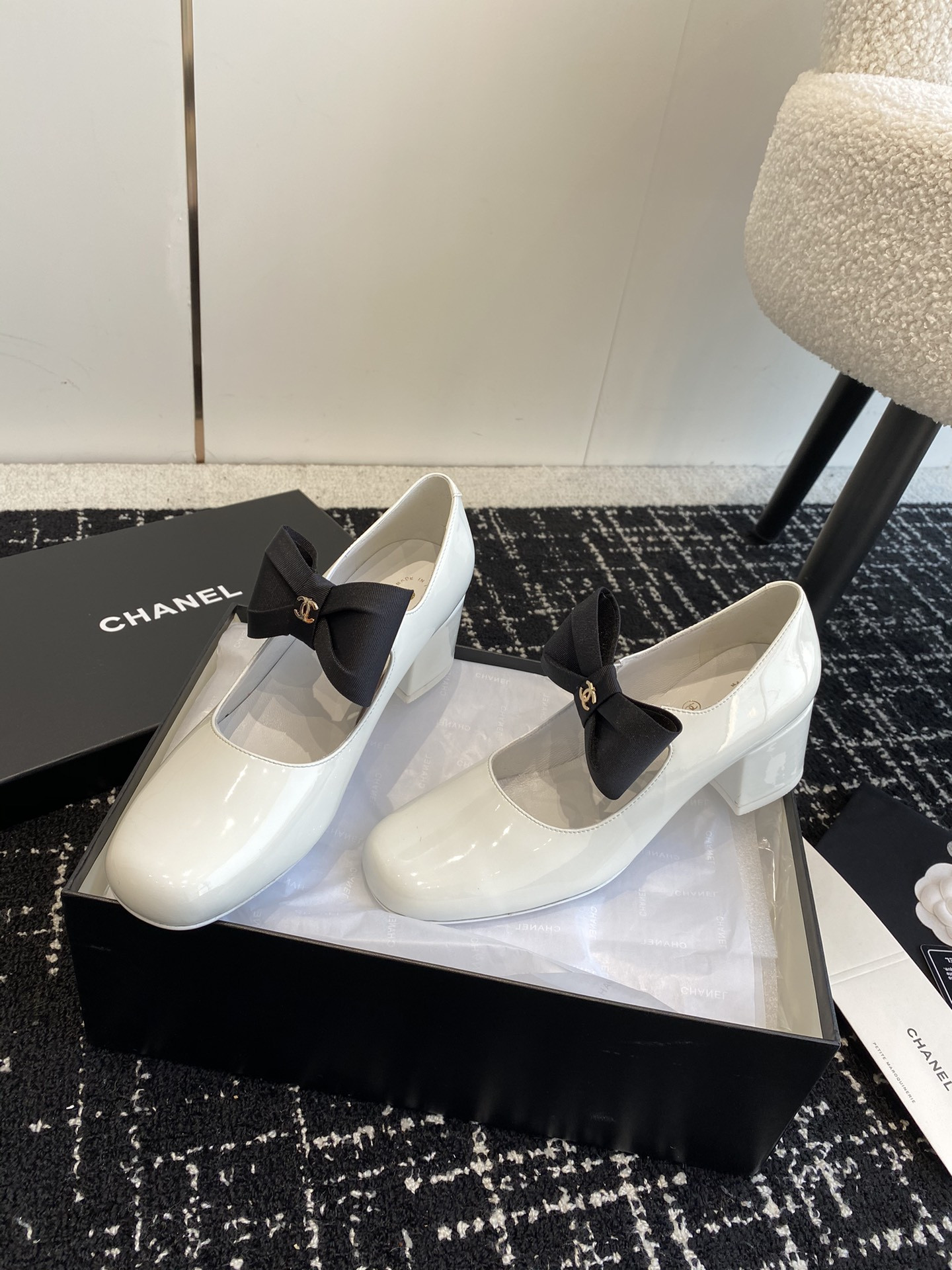 UA Ch**el MARY JANES Patent Calfskin & Grosgrain