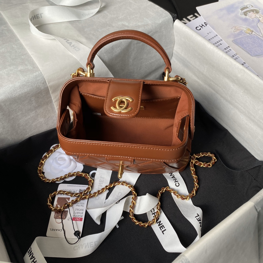 Ch**el MINI BAG WITH TOP HANDLE  Shiny Lambskin & Gold-Tone Metal Brown 12 × 18 × 7 cm