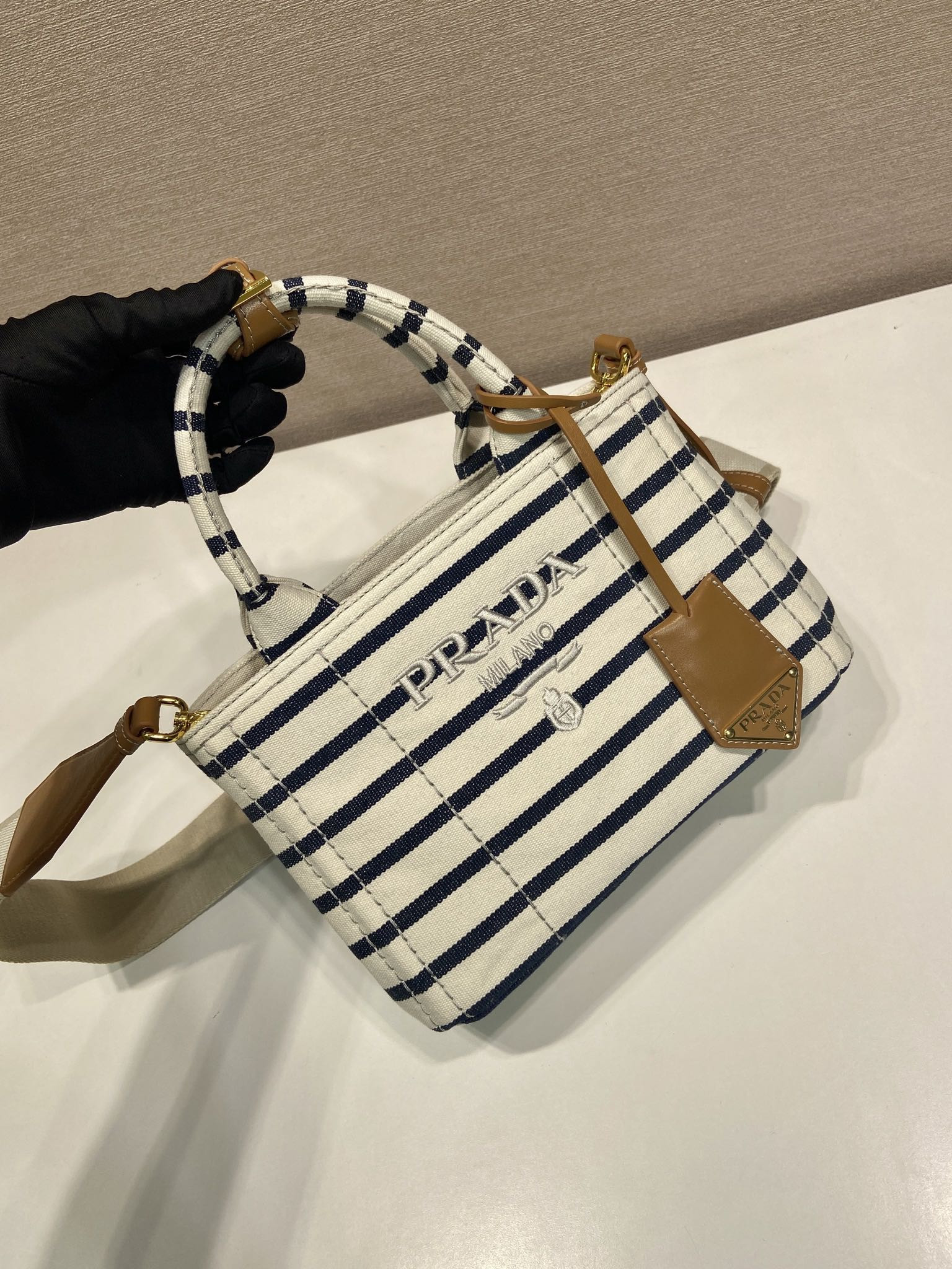 Pra*a Jardinière striped cotton canvas mini-bag 22x15x13cm